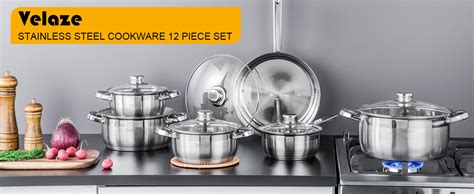 Velaze Cookware Set Series Motti 12 Piece Stainless Steel Pot Pan