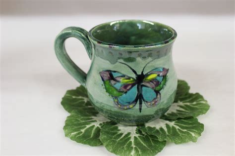 Round Belly Butterfly Mug Handmade Stoneware Tea Mug Wild Crow Farm