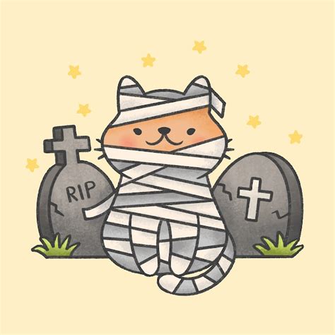 Premium Vector | Mummy cat costume sitting in front of tombstones