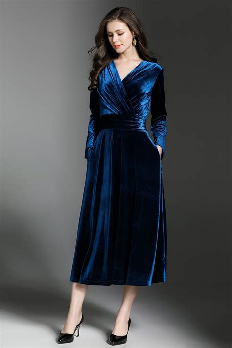 Velvet A Line Evening V Neck Long Sleeve Midi Dress Atlasday