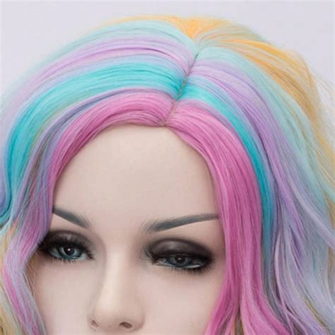 Synthetic Women Short Rainbow Wavy Curly Rainbow Natural Fluffy Hair