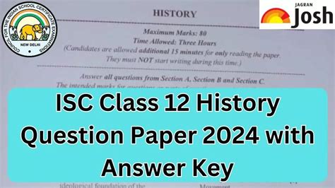 ISC Class 12 History Question Paper 2024 PDF With Answer Key