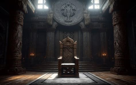 Premium Ai Image A Throne In A Dark Room With A Stone Emblem On The Wall