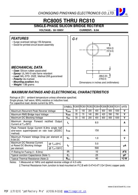 RC808 Datasheet RC8005 RC810 SINGLE PHASE SILICON BRIDGE RECTIFIER