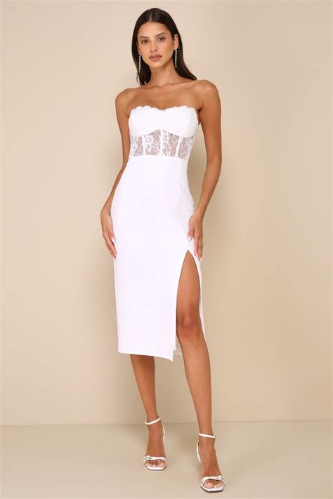 White Lace Dress Strapless Bustier Dress Bustier Midi Dress Lulus