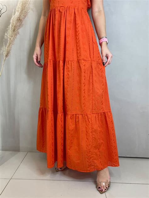 Vestido Longo Alcinha Babados Saia Camadas Laise Floral Laranja