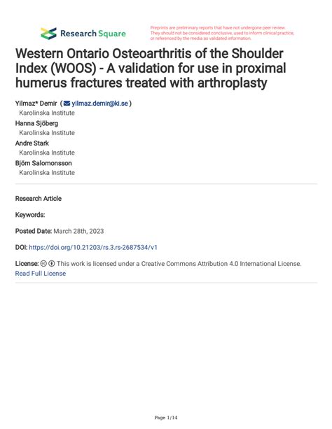 Pdf Western Ontario Osteoarthritis Of The Shoulder Index Woos A