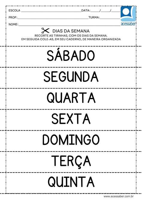 Atividade de matemática Dias da semana Ed Infantil e 1º ano