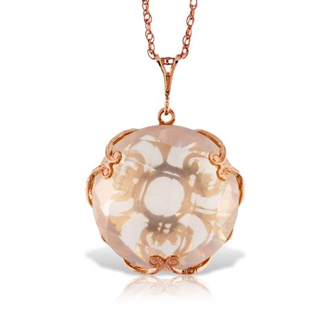 Womens 14k Solid Rose Gold Necklace With Checkerboard Cut Round Rose Quartz Genuine Gemstone