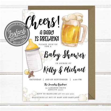 Editable A Baby Is Brewing Baby Shower Invitation Baby Bottle And Beer