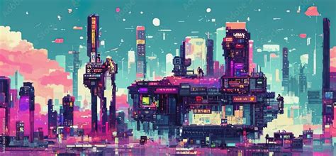 Cyberpunk City Night Retro Futuristic Pixel Art Composition Future