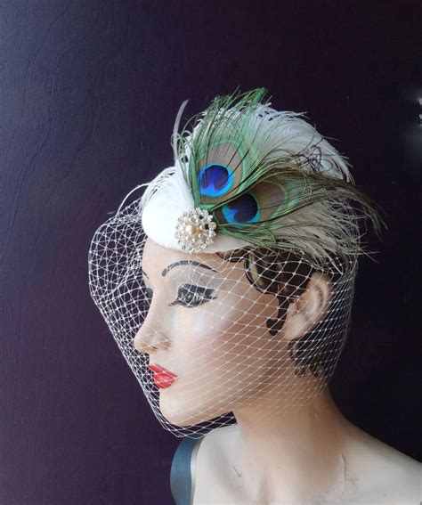 Bridal Hat Peacock Feather Fascinator Ivory Birdcage Veil Pearl Wedding Veil Blusher Veil