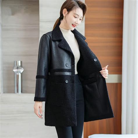 Plus Size Reversible Women Winter Faux Sheepskin Coat Turn Down Collar