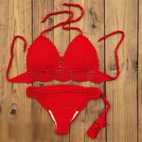 Hand Crafted Swim New Red Push Up Crochet Bikini Swimwear Swimsuit