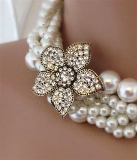 Bridal Pearl Statement Necklace Rhinestone Brooch Etsy Simple