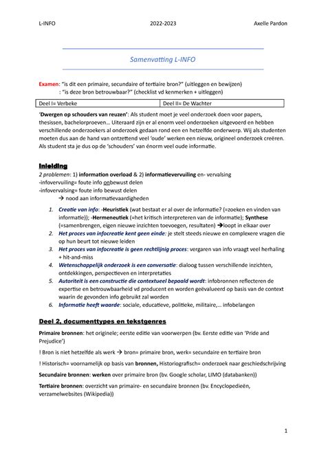 Samenvatting L Info Deel En Antwoorden Van De Leerpaden