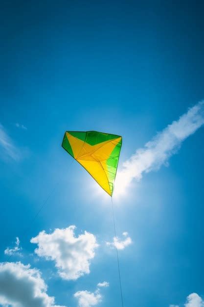 Premium AI Image | A yellow and green kite is flying in the sky.