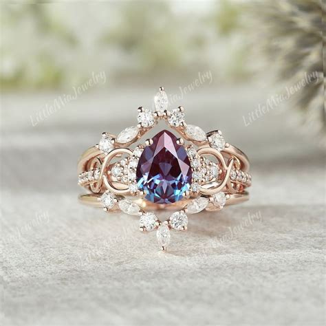 Pear Cut Alexandrite Engagement Ring Set Solid Gold Moissanite Ring