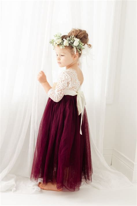 Burgundy Flower Girl Dress White Lace Wedding Dress Will You Etsy