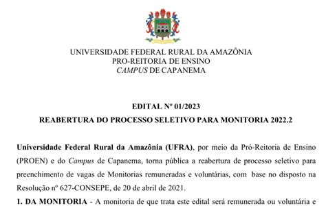 EDITAL Nº 01 2023 REABERTURA DO PROCESSO SELETIVO PARA MONITORIA 2022 2