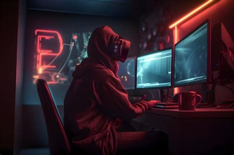 Hackers Encapuzados Usando Um Computador Em Uma Sala Escura Conceito De