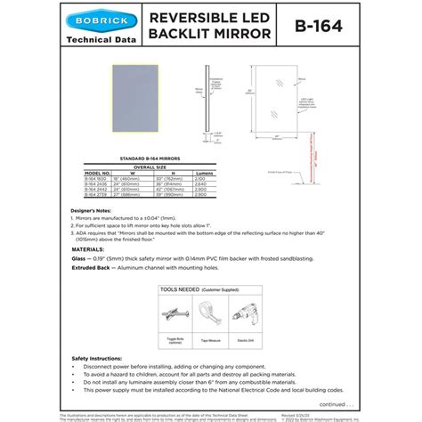 Bobrick B 164 2436 Reversible Led Backlit Mirror 24x36