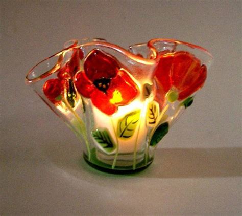 Fused Glass Candle Holdervotive Poppies Fused Glass Candle Holder Glass Crafts Glass Candle