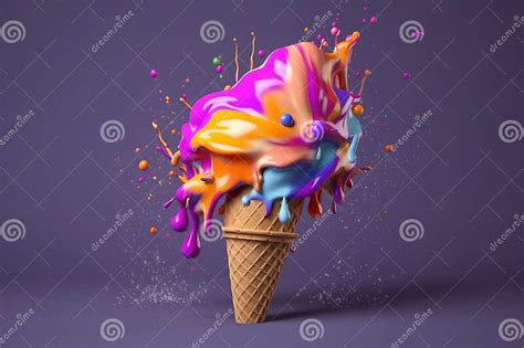 Illustration Showcasing An Ice Cream Cone With Vibrant Colors Melting Into A Creative Splash