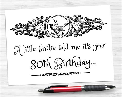 80th Birthday Card Printable With Calligraphy Font Bird Art Milestone