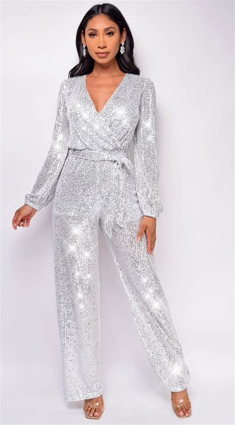 Zaneta Silver Sequin Jumpsuit Silver Jumpsuits Sequin Jumpsuit Jumpsuit Dressy