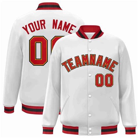 Custom White Red Old Gold Classic Style Varsity Full Snap Letterman Ja