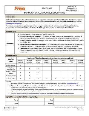 Fillable Online Supplier Evaluation Questionnaire Freo Group Fax