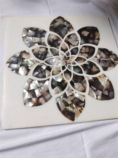 White Marble Inlay Side Table Top Handmade Black Mother Of Pearl