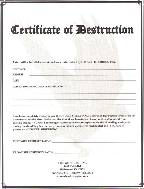 Free Certificate Of Destruction Template – Sample.gelorailmu.com