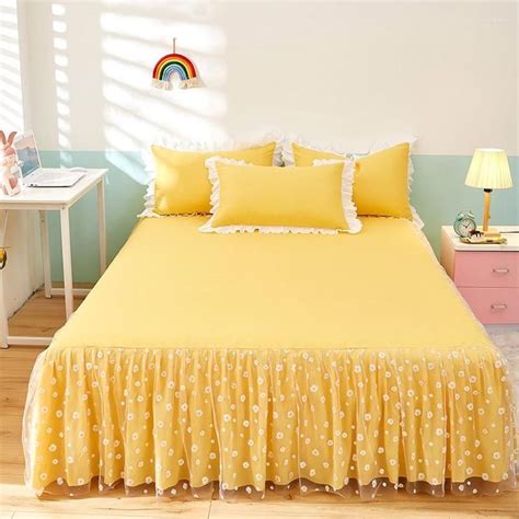 Bed Skirt Luxury Gray Pink Yellow Blue Orange Floral Lace Ruffles Mattress Cover Bedspread