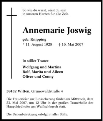 Traueranzeigen Von Annemarie Joswig Trauer In Nrw De