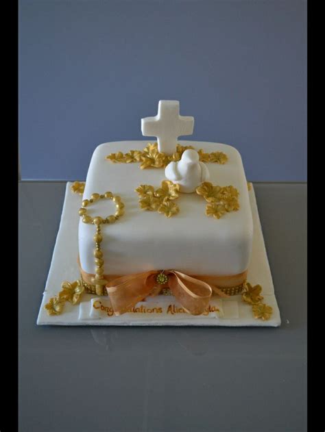 White And Gold Confirmation Cake With Cross Dove And Rosary By