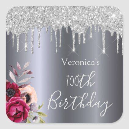 100th Birthday Silver Glitter Drip Burgundy Girly Square Sticker