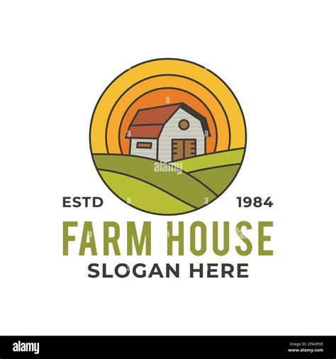 Farm House Logo Vector Template With Barn And Farmer Landscape Locally