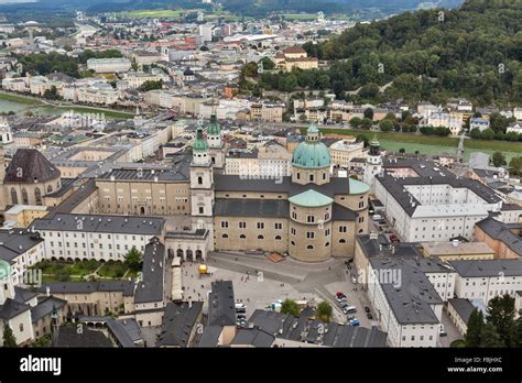 Aerial View Over Salzburg Historic City Center With Catholic Cathedral