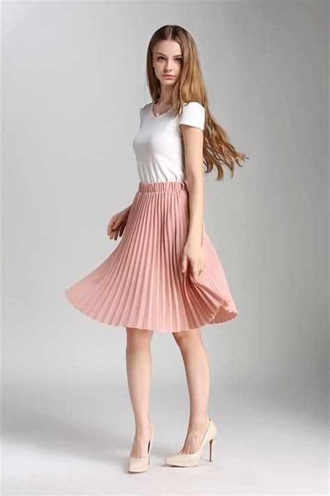 New Blush Pink Pleated Elastic Waist Knee Length Women Skirt Spring