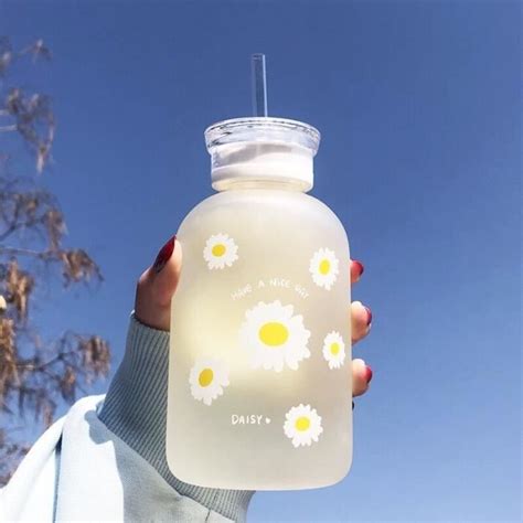 Gourde Bouteille D Eau En Verre Givr Avec Paille Couvercles Kawaii