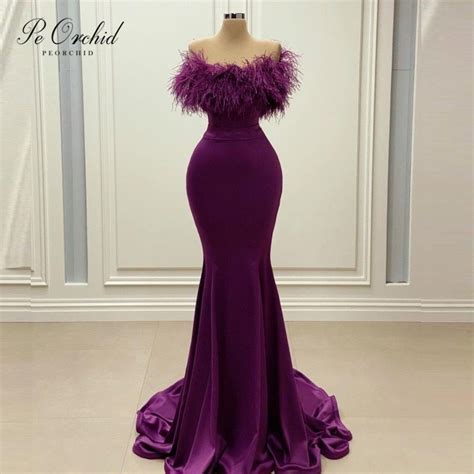 Peorchid Arabic Purple Mermaid Evening Dresses With Feather Long Satin