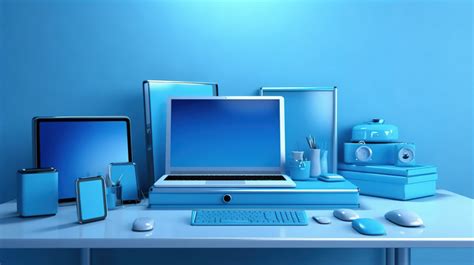 Office Desk Background Blue With Digital Devices Illustrated In 3d ...