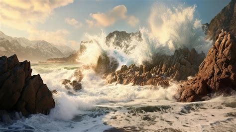 Premium AI Image Tsunami Waves Crashing Against Rocky Shoreline