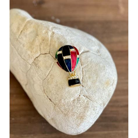Vintage Enamel Hot Air Balloon Brooch Pin Gold Tone M Gem