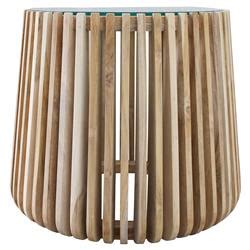 Betty Coastal Beach Glass Top Slatted Teak Wood Round Coffee Table