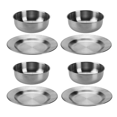 Eight-Piece Stainless Steel Dinner Plates & Bowls Camping Set