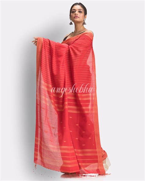 Fire Red Handloom Traditional Cotton Tangail Saree Angoshobha