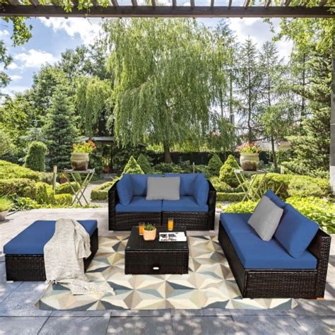 Costway 6pcs Outdoor Patio Rattan Furniture Set Cushioned Sectional Sofa Navy 6 Pcs Food 4 Less